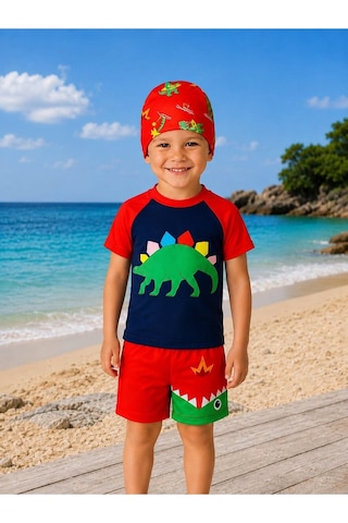 My Kids Wear Erkek Çocuk Dinozor Desenli Deniz Şortu Takımı 3 Parça Mayo Seti 12757 Siyah - Kırmızı