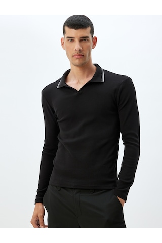 Koton Slim Fit Tişört Uzun Kollu V Yaka Polo Pamuklu Siyah 5wam10197hk Siyah