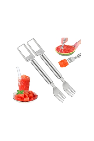 Kangvka Çelik Meyve Dilimi Aracı İki Parça Seti - Karpuz Dilimleyici Ve Kesici, Çift Uçlu Pratik Kullanım Gümüş