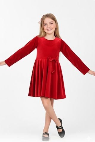 Kız Çocuk Kadife Elbise-içi Tüllü Ve Fiyonk Süslemeli 7-12 Yaş 12427 Kırmızı