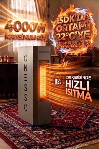 Onesso Pro 4000w Sessiz Elektrikli Fanlı Isıtıcı - 3 Modlu Termostatlı 40m²'ye Kadar Etkili, 2sn Hızlı Isınma, Ev & Ofis & Atölye 2 Yıl Garantili