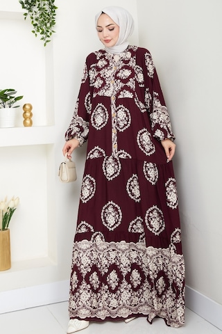 Giral Dokuma Viskon Elbise 1543 - Mürdüm Mürdüm