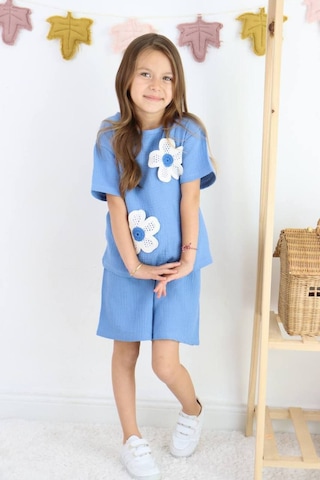 Örme Nakışlı Müslin Şort Takım Mavi