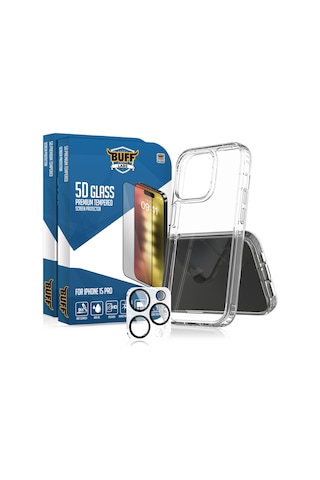 Buff Apple iPhone Uyumlu 15 Pro - 2x5d Ekran Koruyucu + Şeffaf Kılıf + Lens Koruyucu Glass
