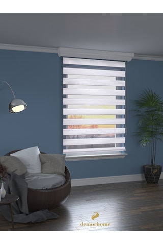 Br Demor Home Geniş Pliseli Beyaz Zebra Stor Güneşlik Perde Metal Kasa Beyaz