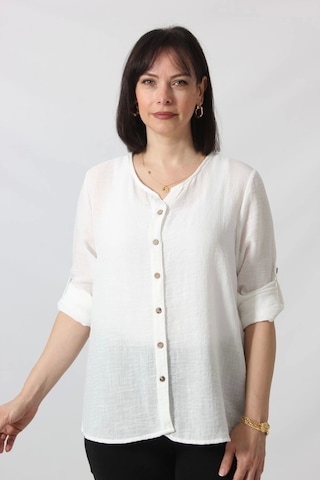 Moda Berray Bb-0269 Keten Kolu Apoletli Sıfır Yaka Büyük Beden Beyaz Gömlek Beyaz