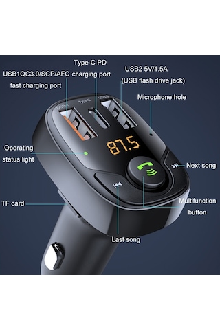 36w Araba Bluetooth Mp3 Çalar Fm Verici Çok Fonksiyonlu Araç Şarj Cihazı, Model: S-15pd