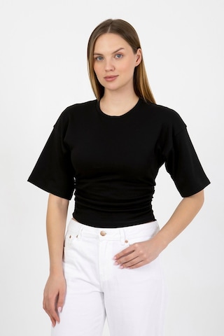 Hdm Kadın Siyah Yanları Büzgülü Kısa Kol T-shirt - H6085