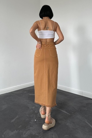 Dogutrend Camel Gabardin Boyamalı Püsküllü Etek