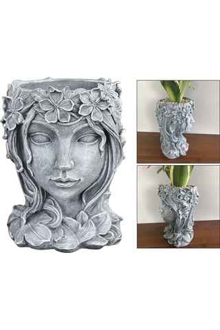 Suntek Magideal Yüz Heykel Etli Kaktüs Kafa Saksı Bitki Saksılar Gri