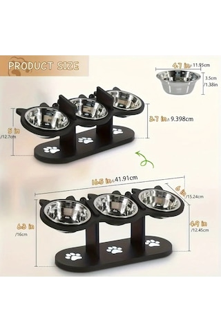Dream011 Siyah 3 Seviyeli Kedi Maması Kabı Ahşap Paslanmaz Çelik Ayarlanabilir Taşınabilir