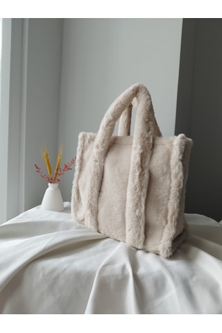 Vivazzaluxe Vintage Peluş Kürk Model Sonbahar, Kış Tote Bag Kadın El, Kol, Omuz Çanta Krem