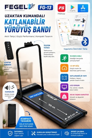 FG-13 Koşu Bandı Bluetooth Uygulama Hoparlör Adımsayar Program Uzaktan Kumanda 10km Hız Katlanabilir