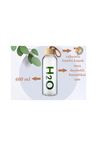 H2o Borosilikat Cam Matara Bambu Vakum Kapaklı Su Şişesi Suluk Beyaz