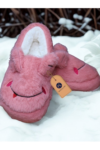 Kadın Pembe Peluş Panduf Ev Terliği Kışlık Sıcak Tutucu, Kaymaz Taban, Sevimli Tasarım Pembe