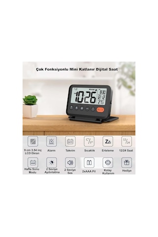 Led Katlanır Dijital Saat Pilli Masa & Seyahat Tipi Alarm Takvim Isı Ölçer 10x8cm Çok Renkli