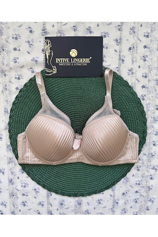 Evelyn Parlak Saten Çizgi Detaylı C Cup Balenli Desteksiz Önü Tül Bej