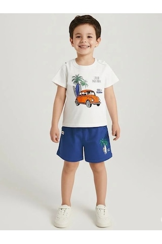 Erkek Bebek Pamuklu Araba Baskılı Şortlu Takım-15827 Beyaz