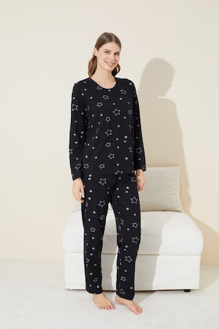 Siyah İnci Siyah Yıldız Desenli Pamuklu Pijama Takımı Siyah Yıldız Desen