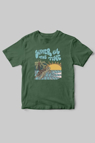 Yaz Zamanı Summer Time Caretta Caretta Deniz Kum Güneş Baskılı Regular Fit %100 Pamuk Haki T-shirt Haki