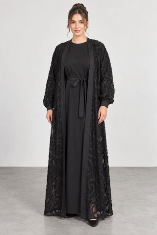 Bihan Store Kadın Tam Boy Uzun Kollu İç Elbiseli İkili Abaya Takım W27-9002 - Siyah