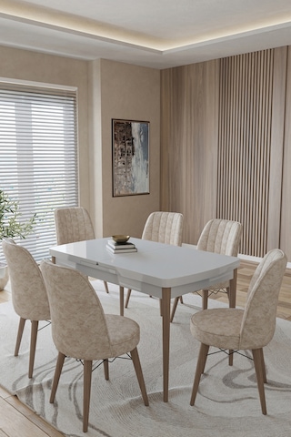 Toce Home Leva 80x130 Açılabilir Beyaz Masa Yemek Odası Takımı Mutfak Takımı 6 Adet Sandalye Bej