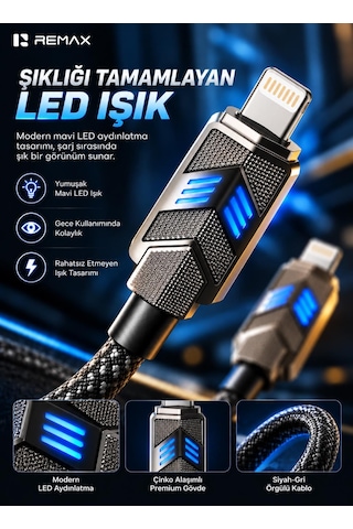 Remax Cb05-cl Bumblebee Serisi 30w Pd Type-c To Lightning Led Işıklı Çinko Alaşımlı Örgülü Hızlı Şarj Ve Data Kablosu 1.2 Metre Siyah