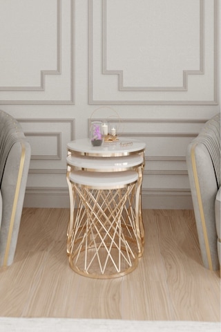 Aurelia Serisi Gold Metal Örgü Desenli 3 Lü Zigon Sehpa Krem Membran Tabla Altın - Krem