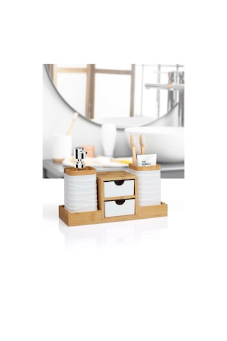 Okyanus Home Beyaz Bambu Çekmeceli Sıvı Sabunluk Ve Diş Fırçalıklı Banyo Organizeri Beyaz Ahşap