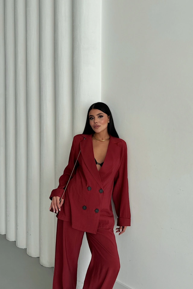 S-pazarım Modal 4 Düğme Astarsız Ceket - Pantolon Takım - Bordo Bordo