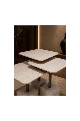 Modern Zigon Sehpa Trio Yan Sehpa Servis Sehpası Traveten Desen %100 Mdf Gri Gri