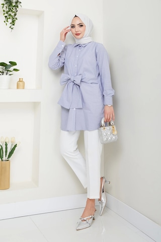 Nevayla Moda Çizgili Poplin Bağlamalı Gömlek - Lacivert / Ü103 Lacivert
