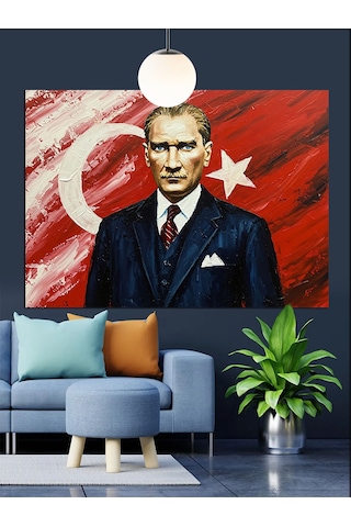 Bayrak Önünde Atatürk Portre Dekoratif Kanvas - Mdf Ahşap Tablo