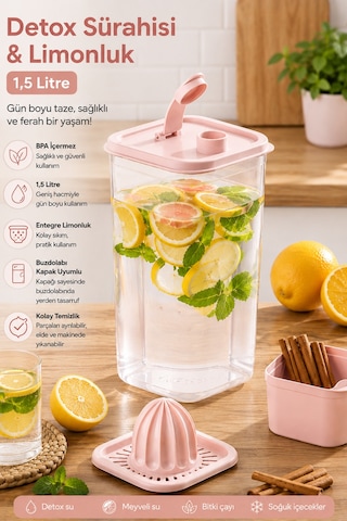 Porsima 06-1109 Detoks Sürahi & Limonluk Şeffaf 1,5 L - Pembe