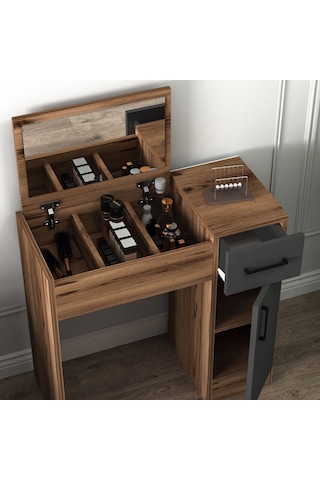 Arnetti İnci Ceviz Antrasit Aynalı Makyaj Masası – Çekmeceli, Dolaplı & Şık Tasarım