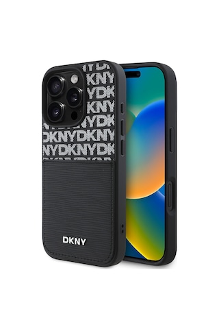 Apple Uyumlu iPhone 16 Pro Max Kılıf Dkny Lisanslı Kartlıklı 3d Yazılı Repeat Texture Pattern Kapak Siyah