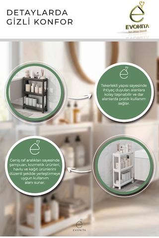 3 Katlı Tekerlekli Banyo Rafı Organizer Mutfak Düzenleyici Çok Amaçlı Servis Arabası Renkli 61503352