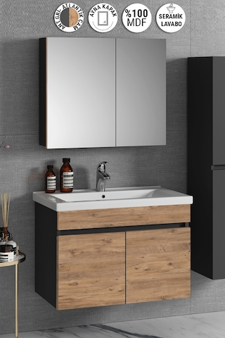 Çiğdem 80 Cm Antrasit Gri Mat-Atlantik Çam Mdf Seramik Lavabolu A Antrasit - Atlantik Çam