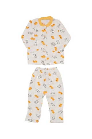 Bebegen Unisex Ekru Sarı Ördekli Çıtçıtlı Pijama Takımı Çok Renkli