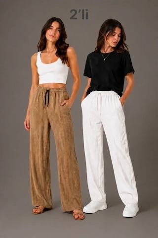 Defymoda 2li Bürümcük Kumaş Beli Lastikli Bağcıklı Bol Paça Pantolon - Beyaz/vizon Çok Renkli