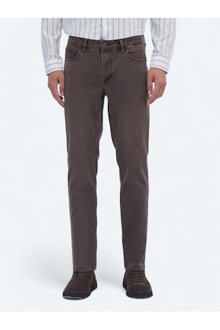 Kip Kahverengi Düz Slim Fit Denim Pamuk Karışımlı Pantolon