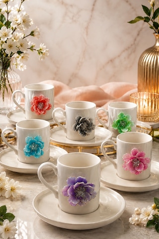 6 Kişilik Beyaz Porselen Renkli Lotus Lüks Kahve Fincan Takımı Seti 100ml