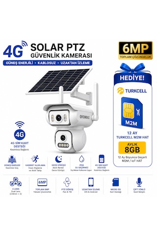6mp Solar Ptz Çift Lensli 4g Sım Kartlı Kablosuz Güvenlik Kamerası + 12 Ay Turkcell Hat 4g Qr S2