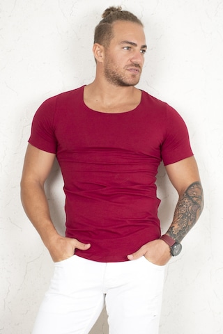 Deepsea Erkek Bordo Geniş Yaka Likralı Tişört Oval Yaka Slim Fit Eteği Oval Açık Yaka T-shirt 1801199 Bordo
