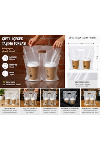 Çiftli Bardak Taşıma Poşeti - Take Away Bardak Poşeti 100 Adet Diğer