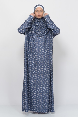 Pratik Tek Parça Çiçek Desenli Kollu Tak Çıkar Başörtülü Likralı Tesettür Namaz Elbisesi 990-0201 Lacivert Antrasit