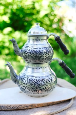 Bakır Çaydanlık Oyma Nakış İşlemeli Gümüş Renk (Kalaylı) Gümüş