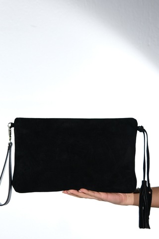 Morden Siyah Süet Hakiki Deri Kadın Clutch Çanta Siyah