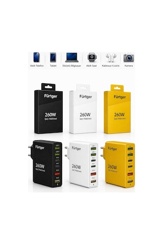 Fürtger German Frt-25w 3 Lü Eko Set 260w 3 Type-c + 3 Usb-a Toplam 6 Çıkışlı Süper Hızlı Şarj Aleti Siyah + Beyaz + Sarı Fürtger German Frt-25w 3 Lü Eko Set 260w 3 Type-c + 3 Usb-a Toplam 6 Çıkışlı Süper Hızlı Şarj Aleti Siyah + Beyaz + Sarı