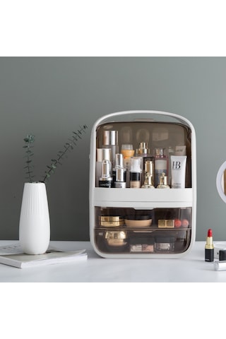 Makyaj Organizer Kozmetik, Fırça Ve Takı Düzenleyici Çok Amaçlı Masaüstü Makyaj Kutusu Bej